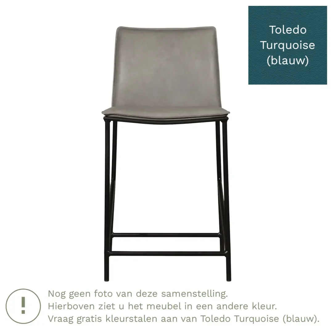 afbeelding van Leren barkruk laag Favor - Toledo Turquoise (blauw) - poten staal rond zwart